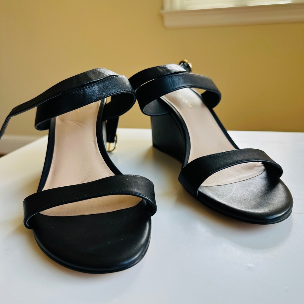 Stuart Weitzman Black Leather Ankle Strap Wedge Sandals SD753 Size 9 - Picture 3 of 7
